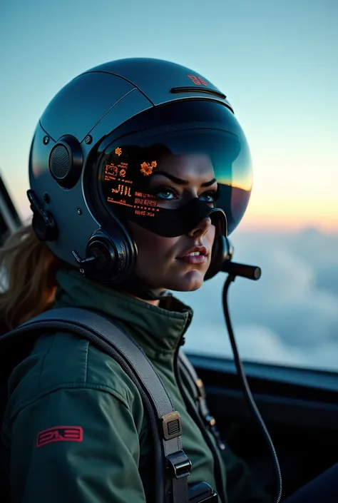 from front, A female jet fighter pilot from the future wearing a pilot helmet with LED interactive screen and HUD heads-up display on the visor, target system displayed on the visor, communication system, oxigen tube, sitting inside a F35 cockpit, jet flyi...