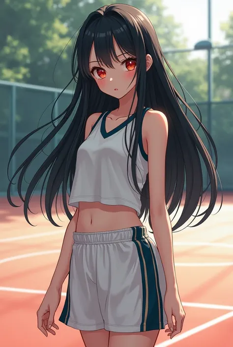 A girl character with red eyes and long black hair in a calm anime basketball outfit 