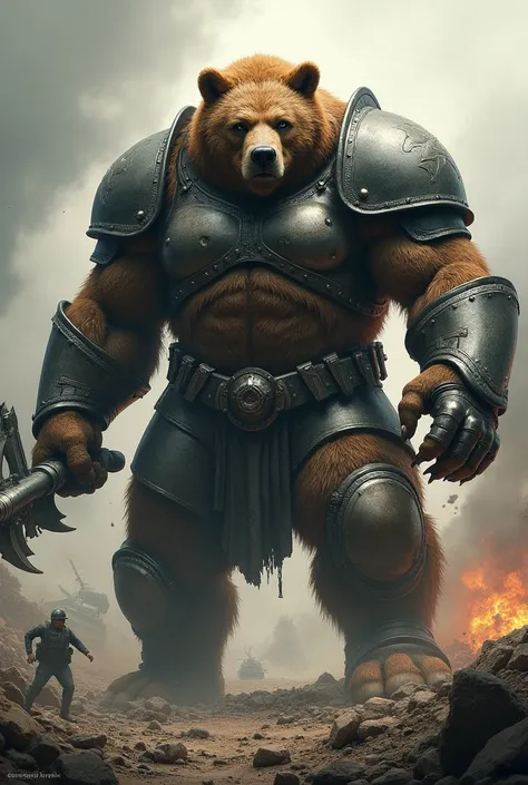   A large humanoid bear ,, very strong and muscular ,  with a weapon of war  , wearing shiny metal war armor,  amidst the chaos of World War II  