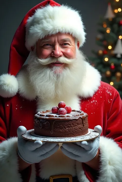 A realistic santa claus holding a chocolate cake 