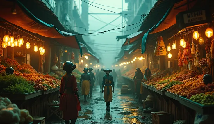 a cenematic extreme close up shot of an alien version of a cambodian market, shot on 35 mm film, in the style of IMAX films, teal and orange muted color grading