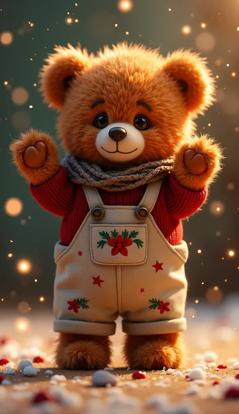 ginger fluffy bear  ,cute　 Christmas Knitted Sweater ,Floral Overalls ,  and hat background christmas sprinkles stars　Genuine　  Stand Up and Raise Hands .  ultra detailed ,  realistic , photo realistic  Cinematic, photo realistic ,  realism, Sasan,