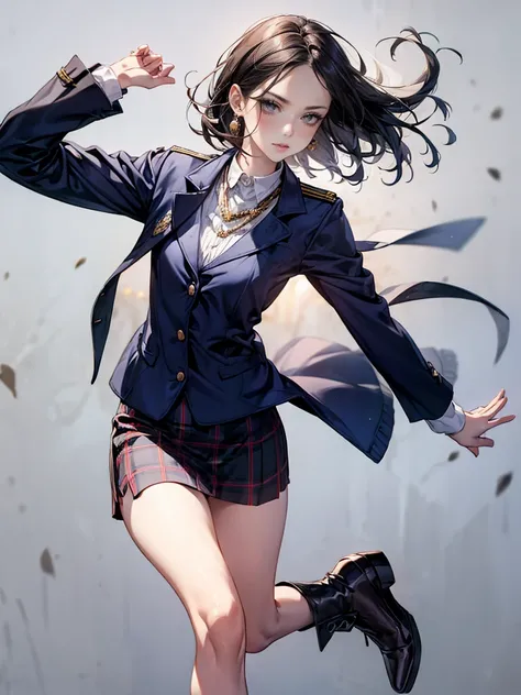 h heels), Detailed depiction of faces, small earrings, necklace, (Navy blue military jacket, shirt, (plaid skirt)), sideways glance, tie, Morning Port,  simple background