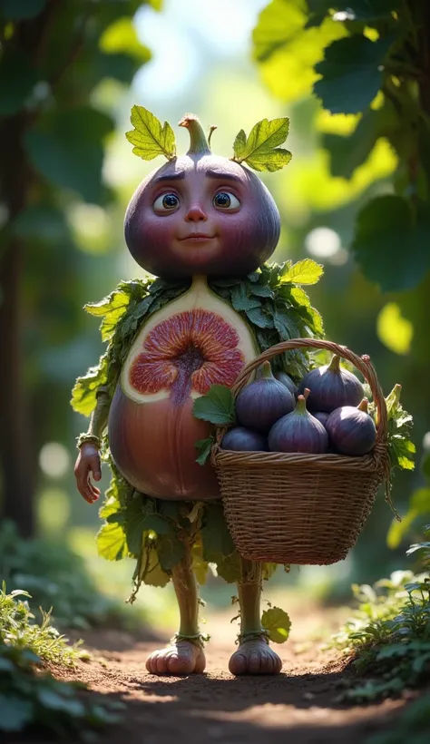 "A fig-themed humanoid character with a realistic face resembling a hard-working laborer. The characters body is made of plump figs, with a round fig as the head and vine-like limbs. Its weathered expression reflects determination as it carries a basket fi...