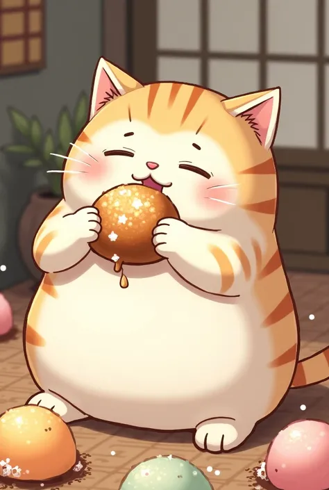 Fat cat eating mochi