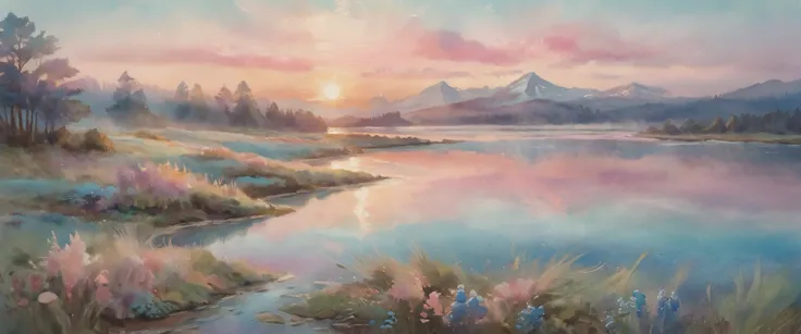 A detailed, dreamy, and bohemian watercolor painting featuring a pastel color palette with blue and pink gradient hues, award-winning watercolor technique, vintage aesthetic, and dynamic splashes throughout the composition, (best quality,4k,8k,highres,mast...