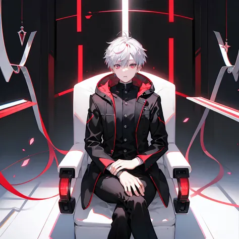   1 boy 、   beautiful eyes ((red))、 Multicolored Hair((  short、Half silver hair  、 Half black hair))、 black suit、 sit cross-legged、Black Room 