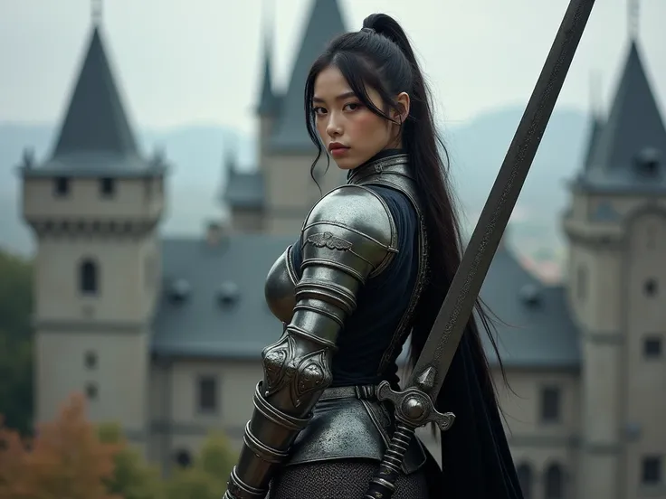  high resolution.  accurate hands . realistic face. Navel piercing, sexy silver, European armor .  thigh band stockings .  deep black panties . Black Chalk Long Sword   . European medieval castle background. Arrogant expression .  beautiful face . Sexy bod...