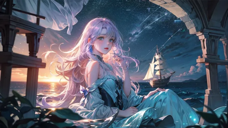 ultra-high-definition, photorealistic, a mysterious mermaid floating in the moonlit ocean, seen from the deck of a ship, her silhouette glowing under the bright full moon, shimmering reflections on the water, waves gently rippling around her, the ship’s ma...