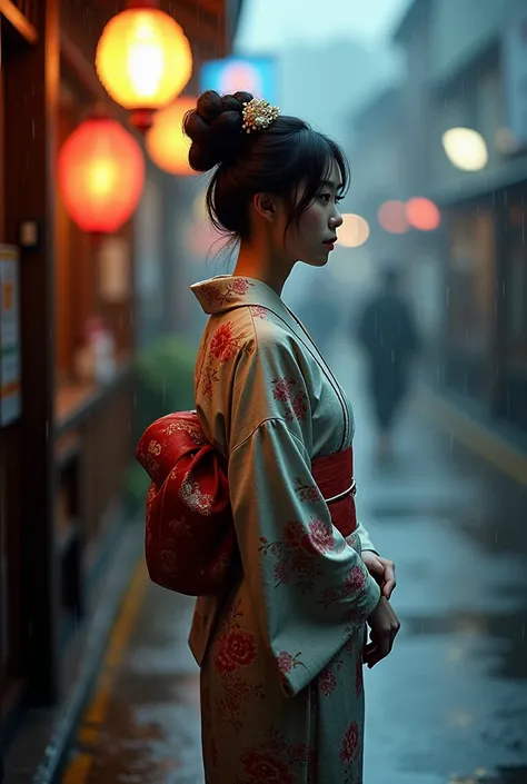  in a Japanese kimono 　Her hairstyle is up hair and 、 beautiful kimono。 when I leave the izakaya, its raining and Im looking at this。