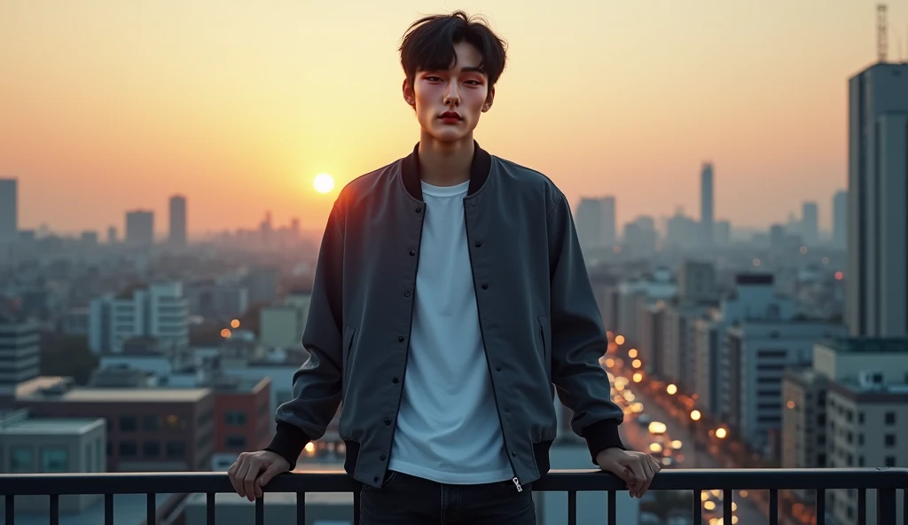 "Generate an image of a 22-year-old Korean boy standing on an urban rooftop terrace at dusk, with the citys skyline stretching out in the background. He has slightly messy black hair that catches the faint glow of the city lights, a symmetrical face, a def...