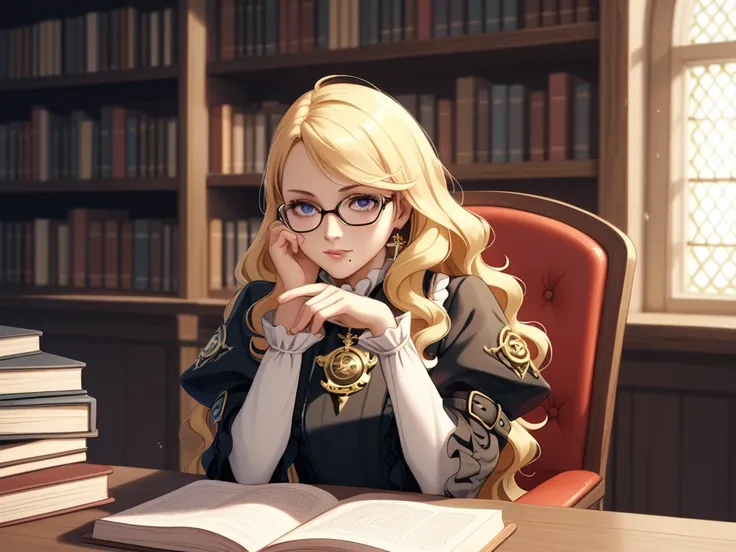 Please create an illustration。
theme:  Bayonetta as a reference for body and face : blonde girl（ looks like an 18 year old ）。 long wavy hair that shines softly 、 looks like stardust 。 her big eyes are full of curiosity 、 medieval fantasy style library
Char...