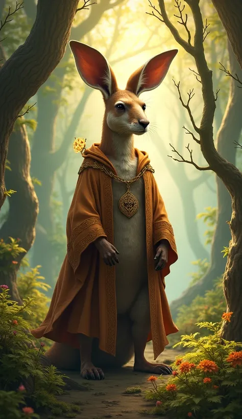 generate an image of a kangaroo in a druid outfit with a magical forest in the background