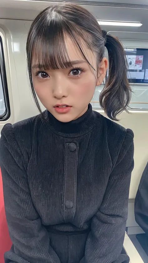 (adult),(look at camera),(((black long sleeve knit, black corduroy pants))), (((open mouth, disgusted eyes:1.2)))、((((black short ponytail hair, bangs)))), Japanese、(dark skin),((((Round face))))、(big cheeks)、((Cute Face))、(((Japanese idol)))、(((background...