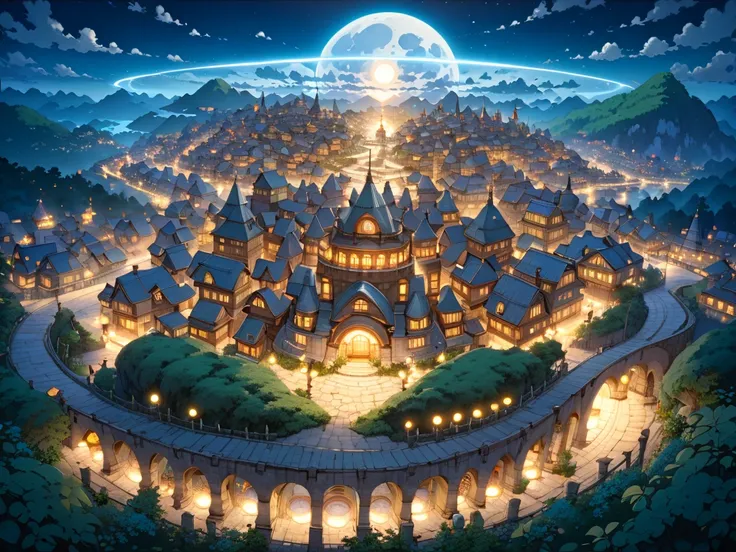 (masterpiece, ultra detailed, top quality), (Studio Ghibli, cel shading anime, PEAnimeBG), (many big moons:1.4), (fantasy town:0.8), distant night view from above.