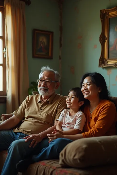 A family consisting of a father, mother and a beautiful Indonesian girl, is watching TV in an old house with a painting