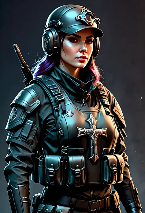 in the style of Charlie Bowater, (UHD), special unit of the second inquisition, special operations commando, bulletproof vest, helmet, pistol, cross as symbol on the shoulder