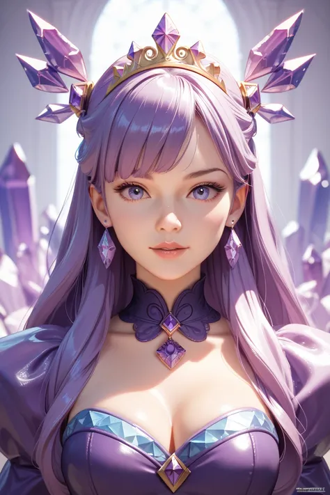 (((masterpiece))),  top quality, Illustration, 4k wallpaper, Cinematic Light,  absurd, Portrait of a Girl,  long hair, Purple crystal hair, Shiny Hair, Bloom Hair,  clothing princess, front