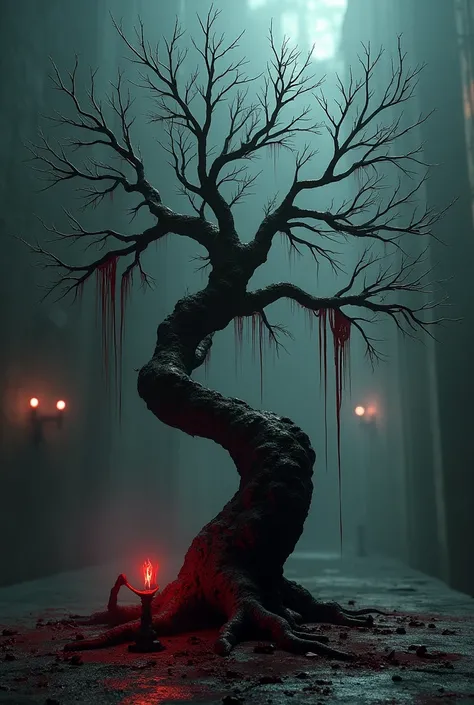 A dark and realistic Christmas tree with twisted branches and dark, decaying leaves. The tree should have a creepy, macabre atmosphere, with faint, eerie lights casting a red glow. Instead of snow or traditional decorations, the tree is covered in drops an...