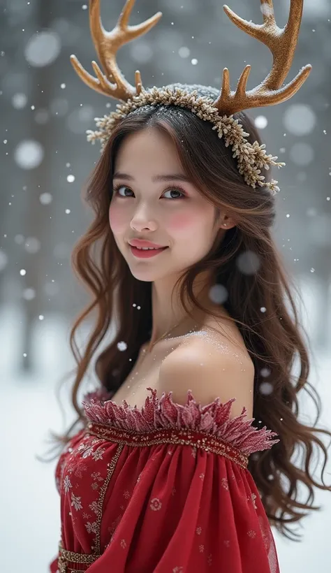 Young woman with beautiful white skin, smiling face, long brown hair, decorated with deer antler headband, wearing Santa Cross winter dress red colourชุดกันหนาวขนมิ้ง, Christmas atmosphere, with snow.