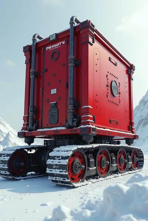  hyperreal、photograph、豪華なソリに接続された巨大な赤い四角い鉄の箱、A huge red square iron box connected to a fancy sled with pipes and wiring on the outside of the box 、cable、Caterpillar