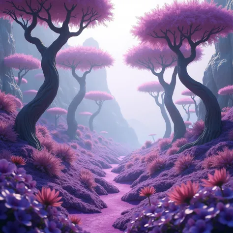 alien world with trees,flowers and grass in different shades of purple