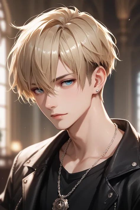  top quality,  very detailed,  1 man,  shortcut,  bangs between eyes, Blurred, Blonde, Black clothes,  silver necklace 