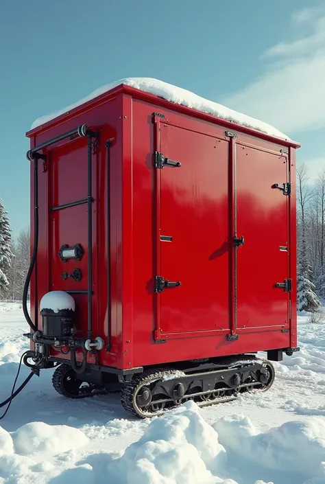  Hyperreal、photograph、 giant red square iron box connected to luxury sleigh、A huge red square iron box connected to a fancy sled with pipes and wiring on the outside of the box 、cable、Caterpillar、 deep red box 、luxury sleigh in hassle 