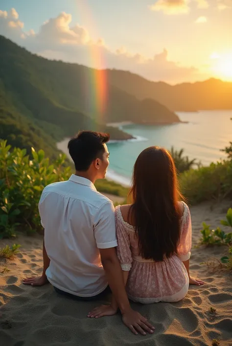 An image from the drone camera above ..A young Indonesian man can clearly see his face smiling on the beautiful beach.a young Indonesian man is clearly seen with a handsome face smiling slightly while with a beautiful woman sitting both on the beach in the...