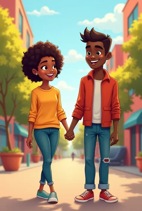 Black couple holding hands cartoon. Black girl has short hair 