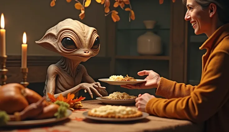 
make realistic picture of An old alien sitting at a Thanksgiving dinner table, looking hungry and out of place, surrounded by traditional human food. A friendly human, smiling, offers the alien a plate of food with a welcoming gesture. The atmosphere is w...