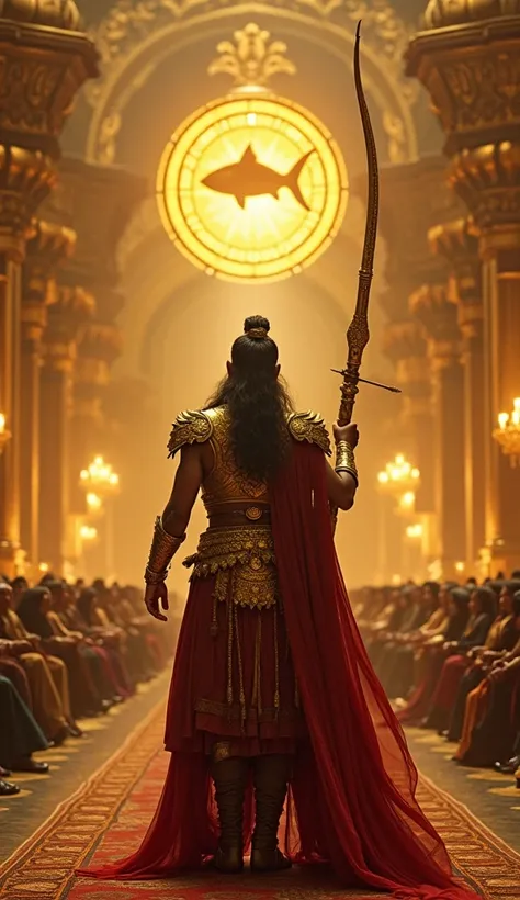 "Create a dramatic scene inside a grand royal hall illuminated by golden light, brimming with regal opulence. At the center stands Karna, a majestic warrior with an aura of quiet confidence, dressed in gleaming golden armor that reflects his unmatched prow...