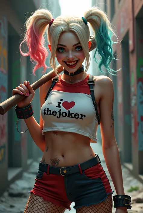 Harley Quinn with a crazy smile and holding her bastão de beisebol, wearing a crop top with the text "i 💙 the Joker", a white sleeveless t-shirt - a shirt with tears, and fishnet stockings, graffitied alley