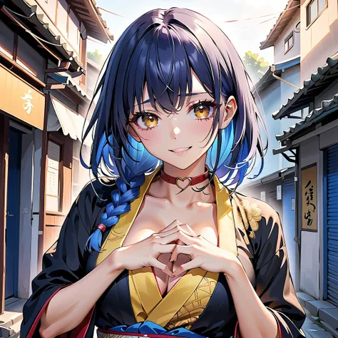 Ultra high resolution, anime style, Beautiful girl in her 20s,  clear skin,Fair skin, Braid straight hair , asymmetrical bangs , medium hair, ,Fresh blue hair , A small face with a well-shaped shape, Beautiful face, laughs, Moist eyes,clear々Beautiful yello...