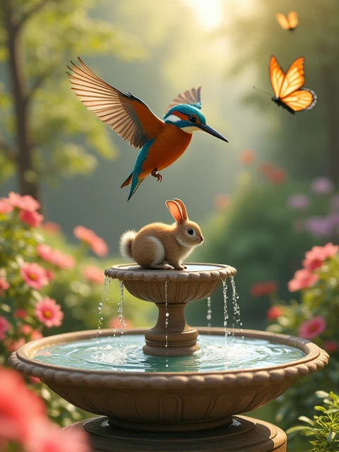  Sunny、 in front of a beautiful garden fountain with blooming flowers、 A kingfisher with a brown rabbit on its back is flying in a beautiful garden fountain、Animals are real 、Orange butterflies are flying 