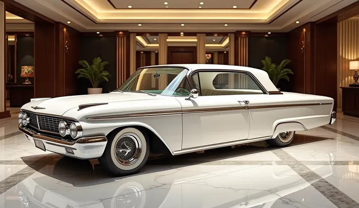 Create an image of the (1962 Ford Galaxie) white standing in a luxurious showroom right side view