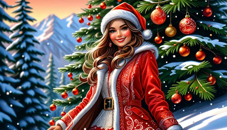 Best quality, realistic gouache illustration with thin black lines, lateral point of view of a european woman, straight hair, beautiful face, smiling, crossed arms, wearing sparkling red and white fashion santa claus jacket, red and white fitted shouderles...