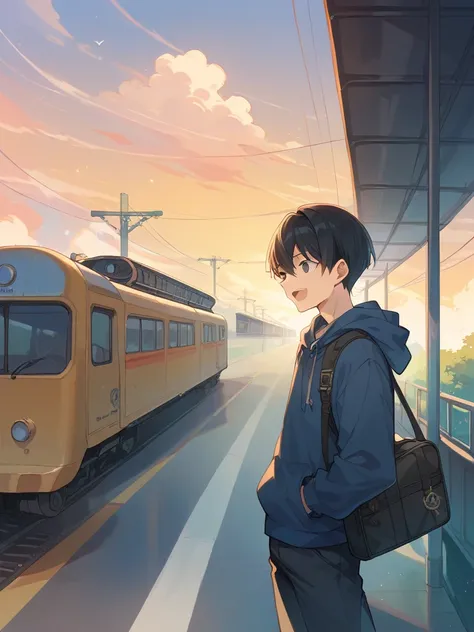 boy、male 、bob cut、black hair、 dark eyes、laugh、group of students、A cute boy chasing after a steam locomotive on the tracks of a futuristic air train station with a dazzling sunset、