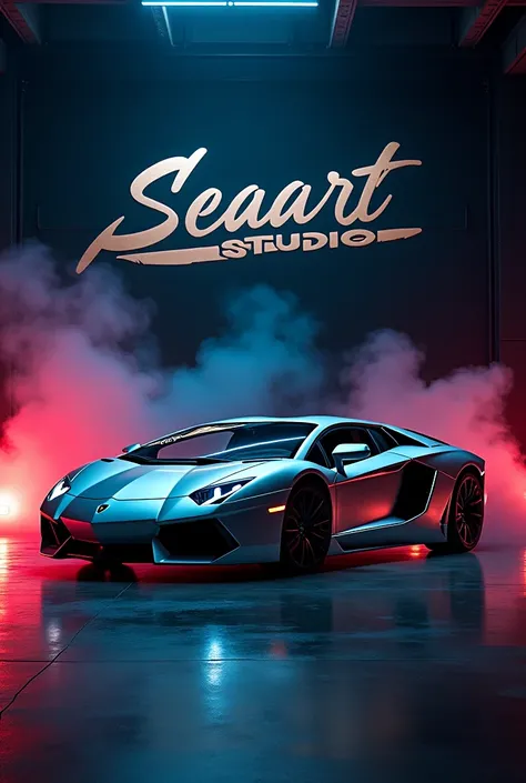 Cinematic photography, side-view of a Lamborghini Aventador with iridescent silver chroma in a modern luxury car studio, black studio with dim spot lighting, Big graffiti "SeaArt Studio" written on black wall with modern font, sharp rim wheels and lowered ...