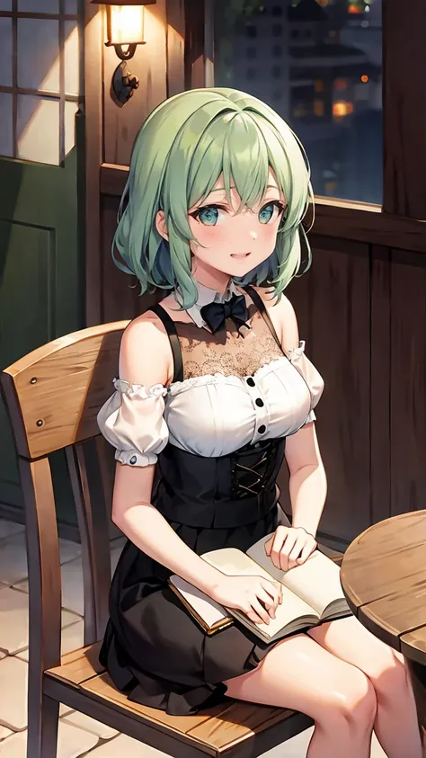  shoulder-length green hair,  small size breasts,  small tits、Green Eyes, 、(((Ladylike))), full body from head to toe 、、Shoulder knit、See-through patterned lace sleeves、Feminine clothing、、Chuckle、(( seated facing each other across the table from the viewer...