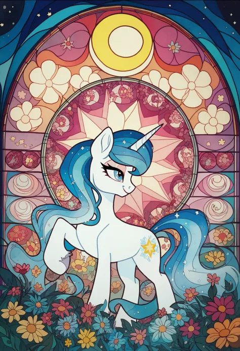 A stunning stained-glass artwork featuring a majestic unicorn standing gracefully in an enchanted forest. The unicorns mane and tail flow elegantly, adorned with soft pastel colors like pink, lavender, and sky blue. Its horn glows subtly, surrounded by rad...