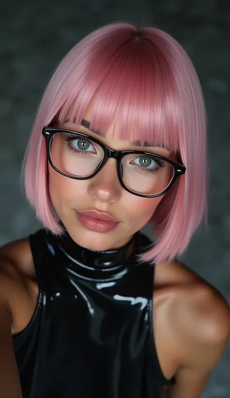   Create a new woman based on this image  , She is 20 years old,   she has a Hispanic origin and also Chinese  , she is beautiful, natural,   glasses she has a ,  square haircut with thick pastel pink bangs,   She has well-designed eyebrows  , A bit thick ...