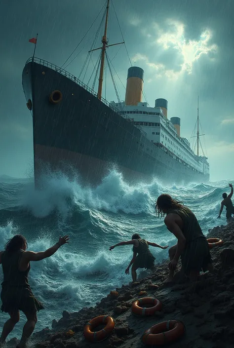 Ship sinking in the sea and people drowning