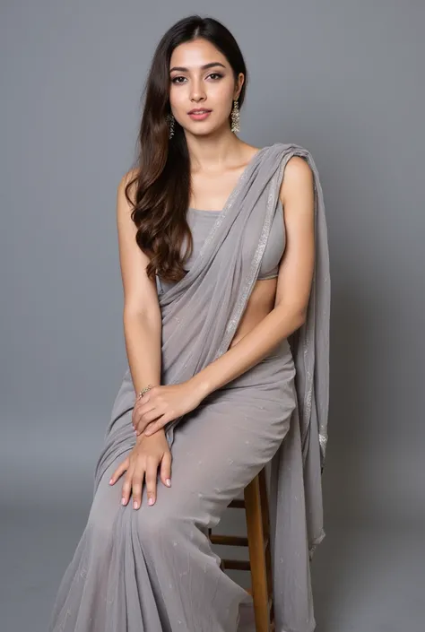 A beautiful indian cute woman wearing Indian traditional sleeveless Grey Silk Organza Designer Saree.she is a fashion model in india.she sitting on the wooden chair.shes background us grey colour.she in the studio.she body style are Solo, Long Hair, Lookin...