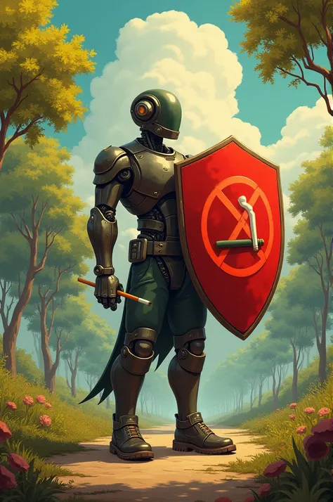  You can draw a character ,  that holds a cigarette in hand ,  but on the other hand it has a large ,  a red shield with a crossed out cigarette symbol.  In the background add a bright sun and green trees . Inscription "Nicotine speech NOT "  put on top of...