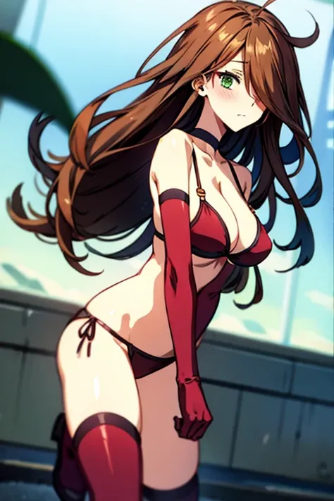 masterpiece, Anime screenshots, 1 Girl, alone, Brown Hair, Long Hair, Green Eyes, Cleavage,  Knee socks,  Cowboy Shot, whole body, elbow gloves, messy hair, hair over one eye, red bikini