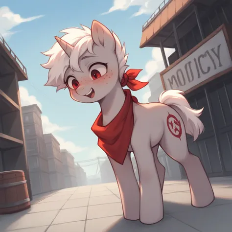 score_9, score_8_up, score_7_up, score_6_up, score_5_up, female, solo, feral pony, unicorn, light gray fur, solid white short scruffy hair, white hair, short white ponytail, red gemstone cutie mark, ruby red eyes, freckles, flushed, blushing, dark red band...