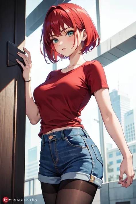 ((Mejor Calidad)), ((masterpiece)), (Detallado), Anime, 1 girl, red hair, short hair, red top, blue denim shorts, pantyhose, ice power