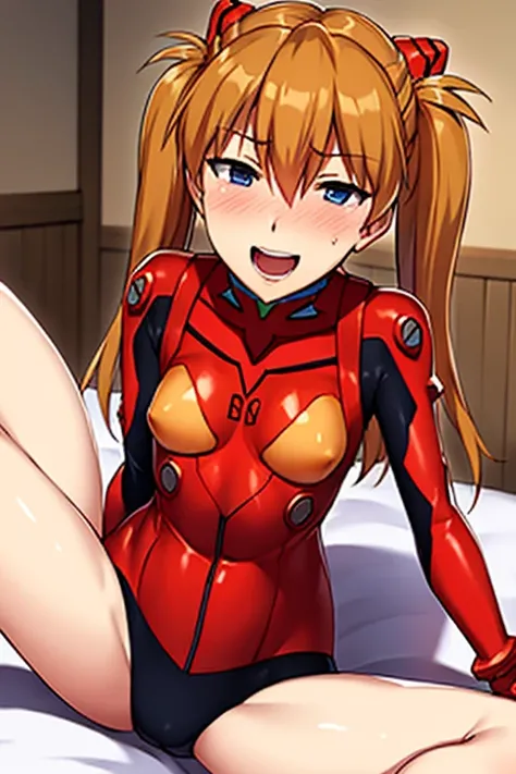 (( top quality)), ((masterpiece)), (be familiar with),  perfect face, indoor, bedroom, looking at the viewer,
One woman,  Soryu Asuka Langley ,
 open mouth,  ecstatic expression beside the piano, blush, smile,
 small tits,  flat chested, Young girl, Lori, ...