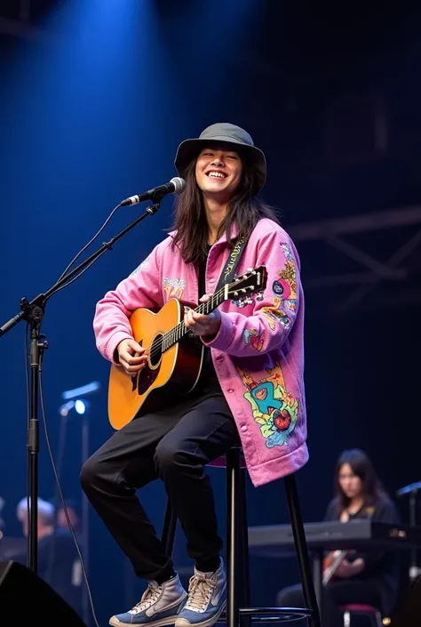 A handsome Korean man smilling with long hair wearing a bucket hat, wearing a pink parka jacket covered in colorful graffiti, long pants, holding a black rose, carrying an acoustic guitar, sitting on a high iron chair on a stage, long mic, sound system, co...